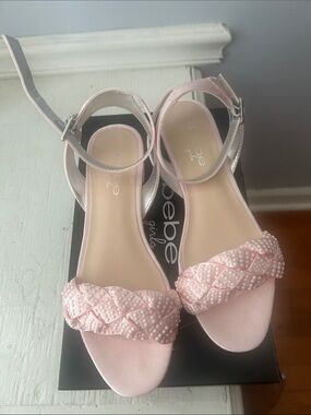 bebe Light Pink Braided Pearl-Detail Ankle-Strap Sandals